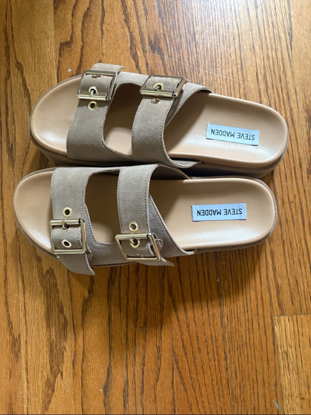Steve Madden Taupe Suede Double-Buckle Slide Sandals - woman’s size 9.5